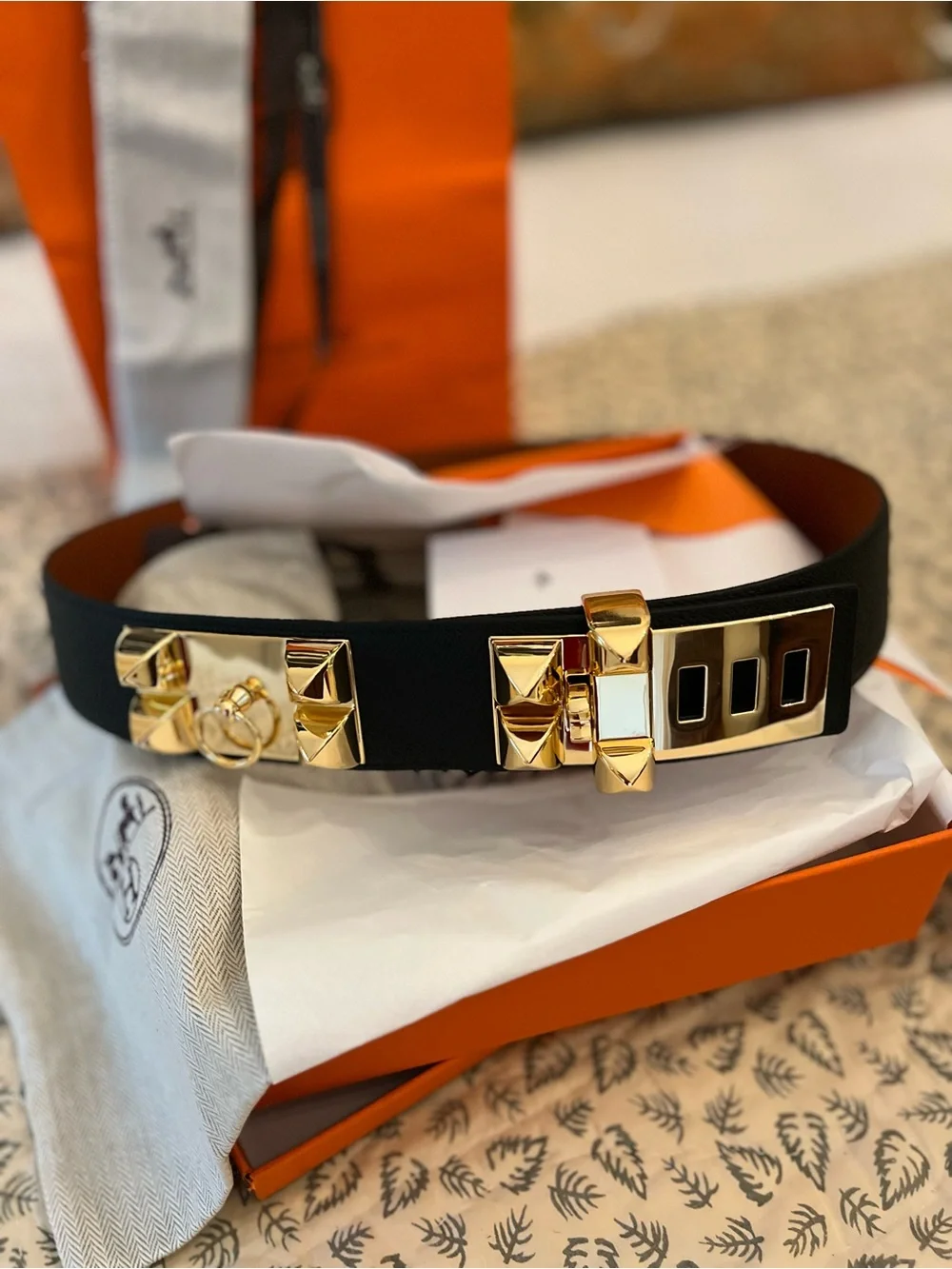 Black Leather Collier de Chien Belt with Gold Stud Hardware - Picture 4 of 11